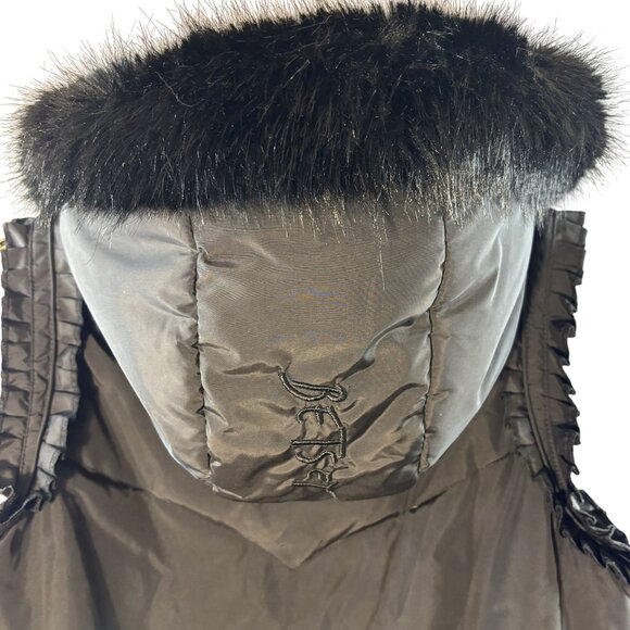 Betsey Johnson Black Hooded Vest W/ Faux Fur Trim & Floral Lining Size S - Picture 5 of 12